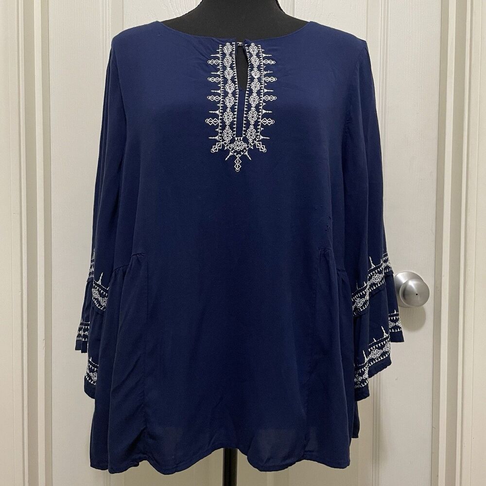 Liz Claiborne Blouse Keyhole Neck 3/4‎ Sleeve Shirt Blue Large Boho Embroidered